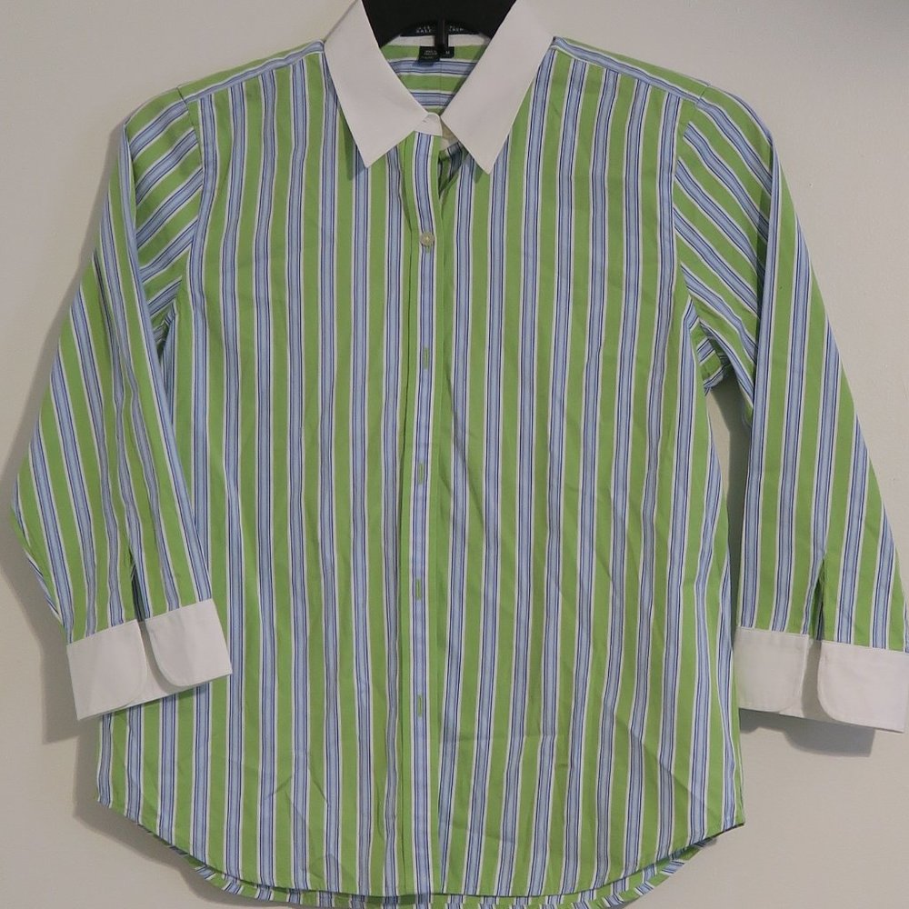 Ralph Lauren Lime Green, White, and Blue Stripe Contrast Collar Shirt Size M